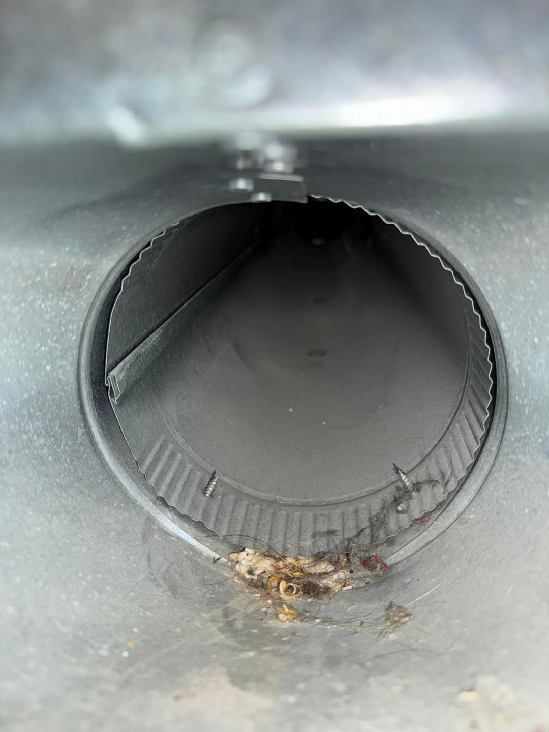 Inside a gray pipe, looking down a dark tunnel with rust and debris near the opening