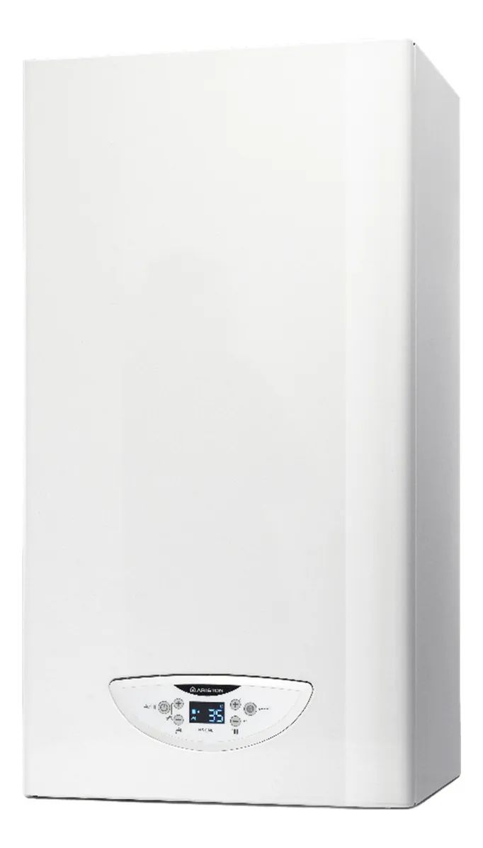 Caldera de gas de pared de color blanco con pantalla digital y panel de control en el frontal.