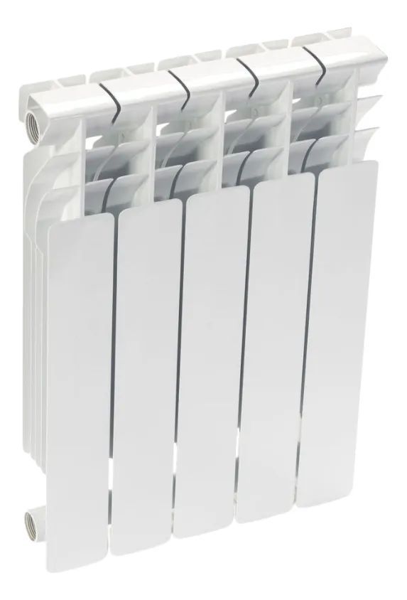 Radiador de aluminio blanco con paneles verticales, un elemento de calefacción habitual en los hogares.
