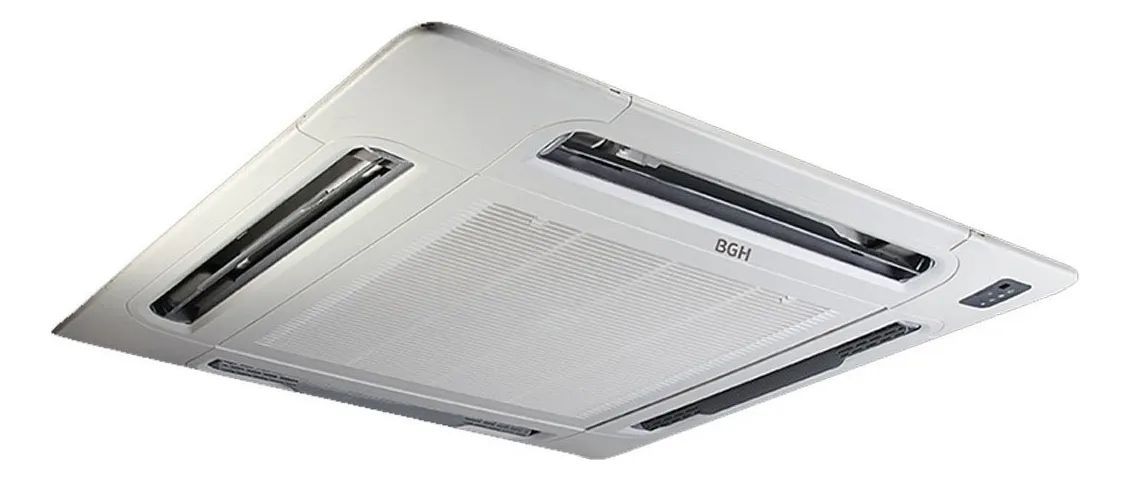 Unidad de aire acondicionado de techo, de color blanco, cuadrada, con aberturas de ventilación y panel central acanalado.