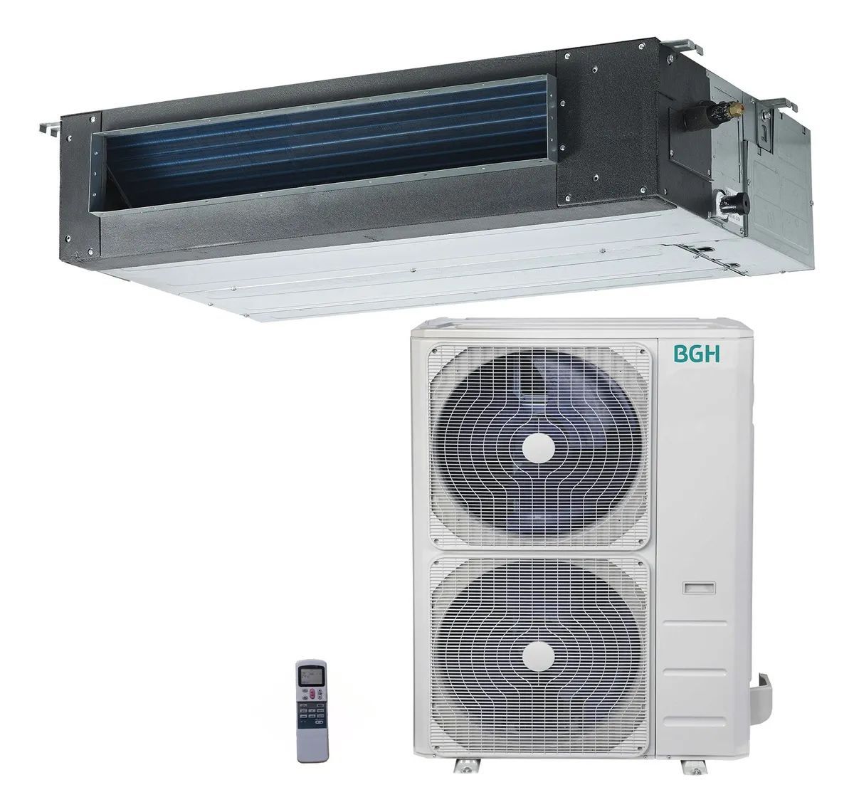 Sistema de aire acondicionado minisplit sin ductos: unidad interior y condensador exterior con control remoto.