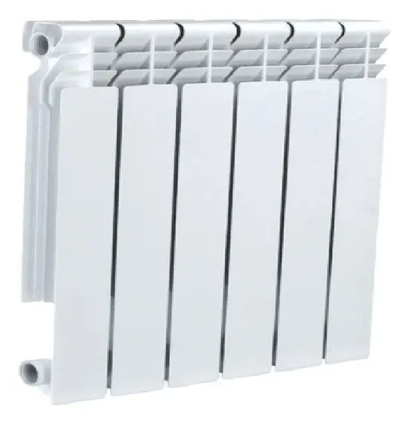 Radiador de aluminio blanco con aletas verticales y tubos conectados.