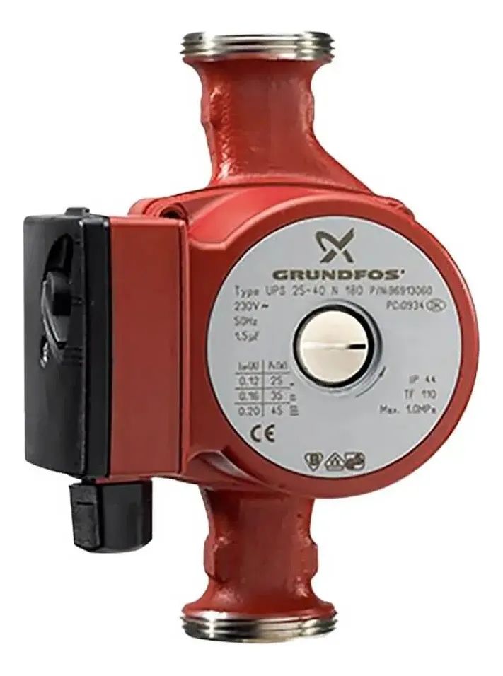 Bomba de circulación Grundfos UPS 25-45 N 180 de color rojo con caja de control negra y esfera plateada.