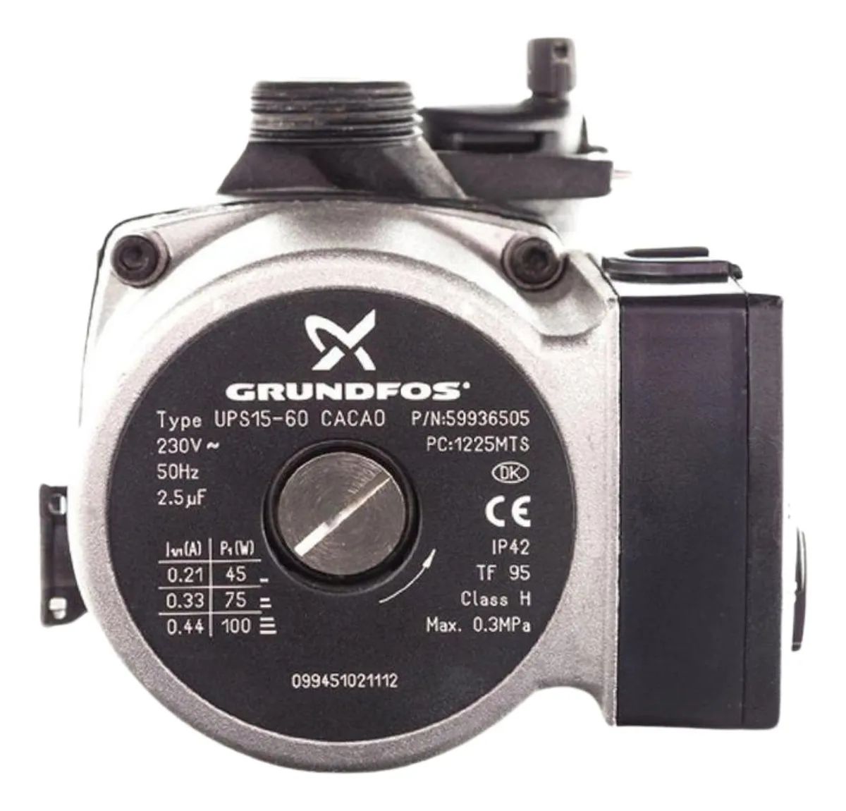 Una bomba de circulación Grundfos UPS15-60 CACAO, cuerpo plateado, caja de control negra y etiqueta de texto