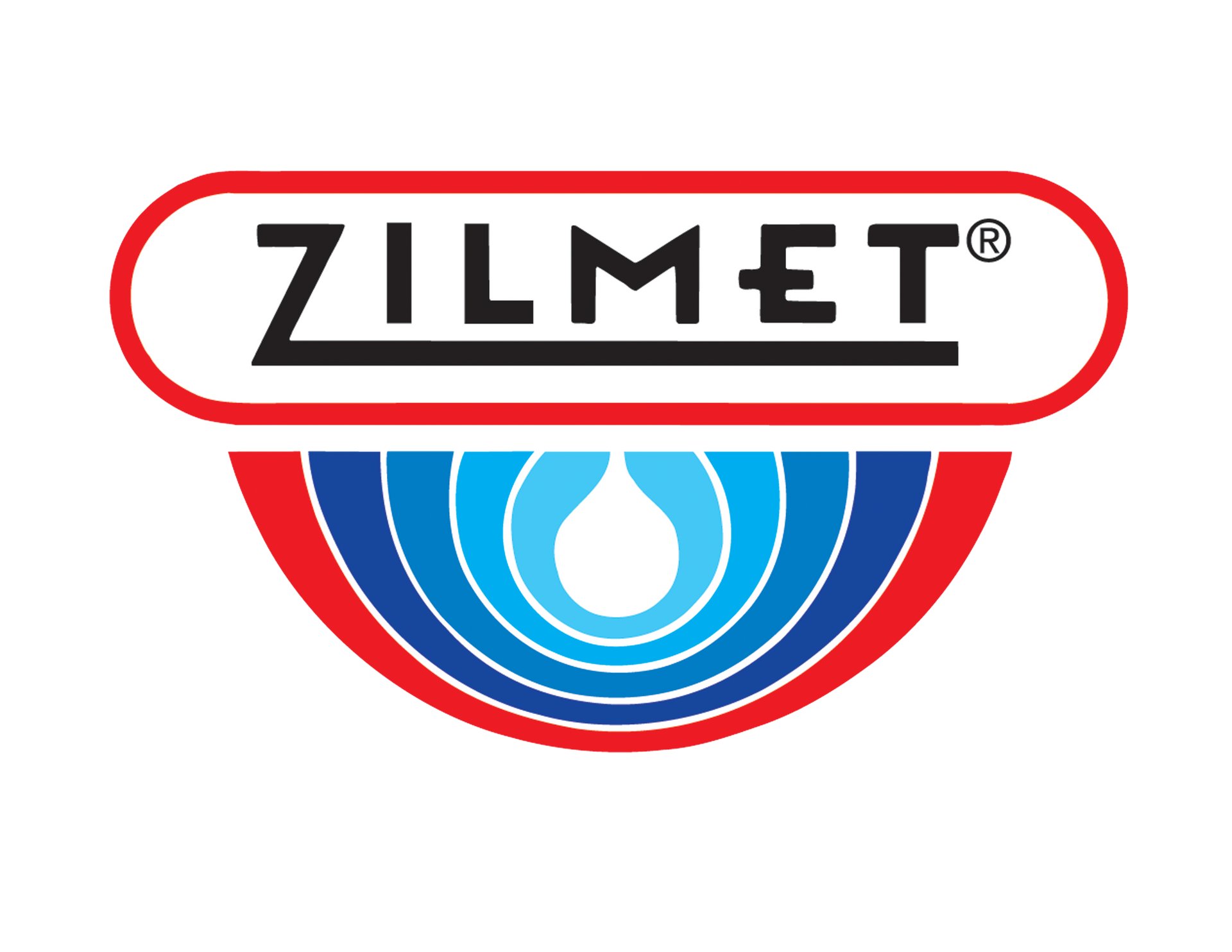 Logotipo de Zilmet: texto negro en un rectángulo redondeado con borde rojo y blanco