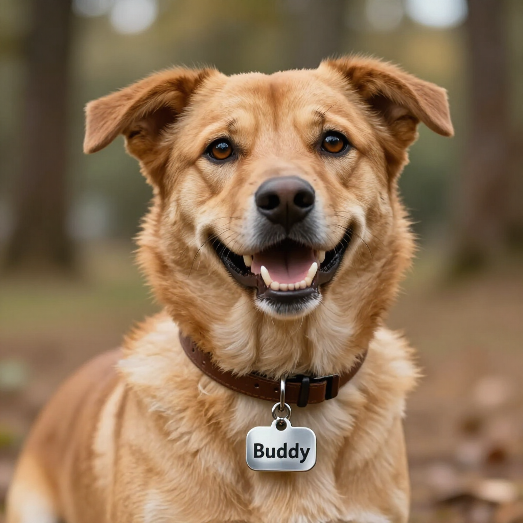Lachende, lichtbruine hond met een Buddy-naamplaatje in een bosrijke omgeving.