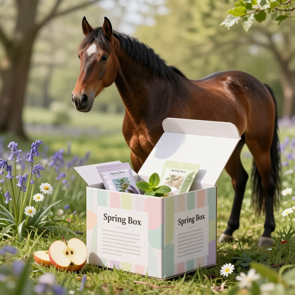 Bruin paard naast een open doos met Spring-Box snoepjes in een bloemenweide met appels en madeliefjes.