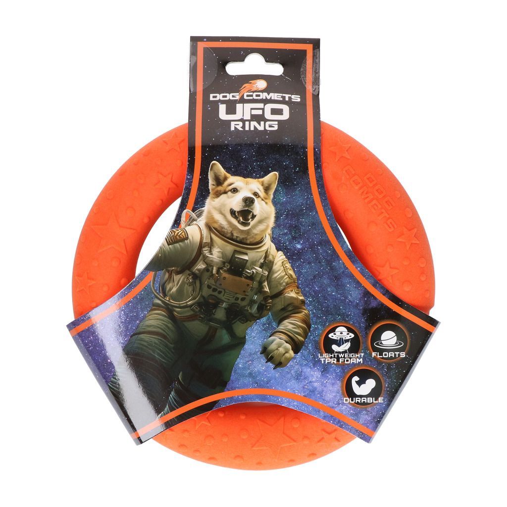 Verpakking van een roze UFO-ringspeelgoed met een illustratie van een hond als astronaut.