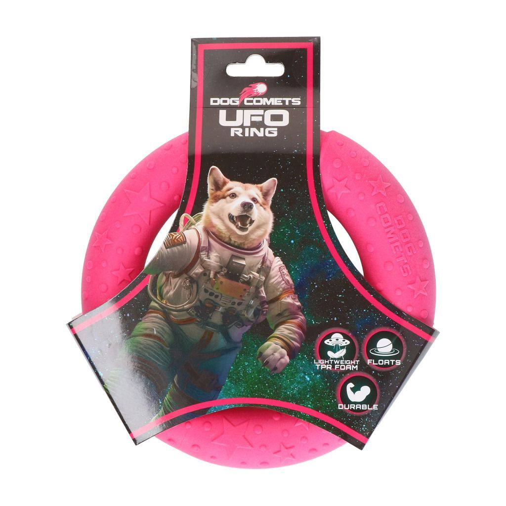 Verpakking van een roze UFO-ringspeelgoed met een illustratie van een hond als astronaut.