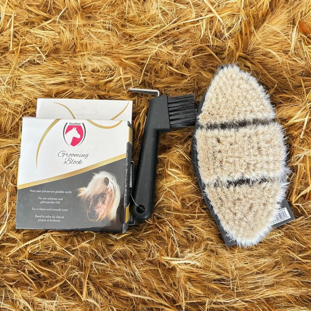 Een complete paardenverzorgingsset met een hoevenkrabber grooming block en een zachte borstel