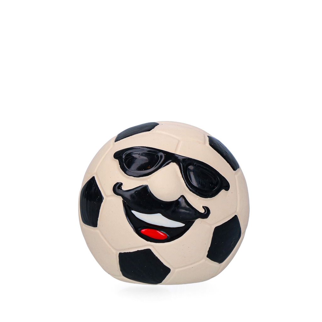 Lachende zwart-witte voetbal met zonnebril, snor en rode mond