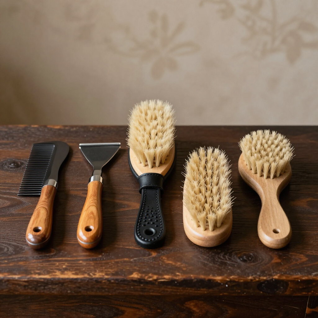 Vijf verzorgingsborstels en kammen met houten handvatten liggen uitgestald op een rustieke tafel.