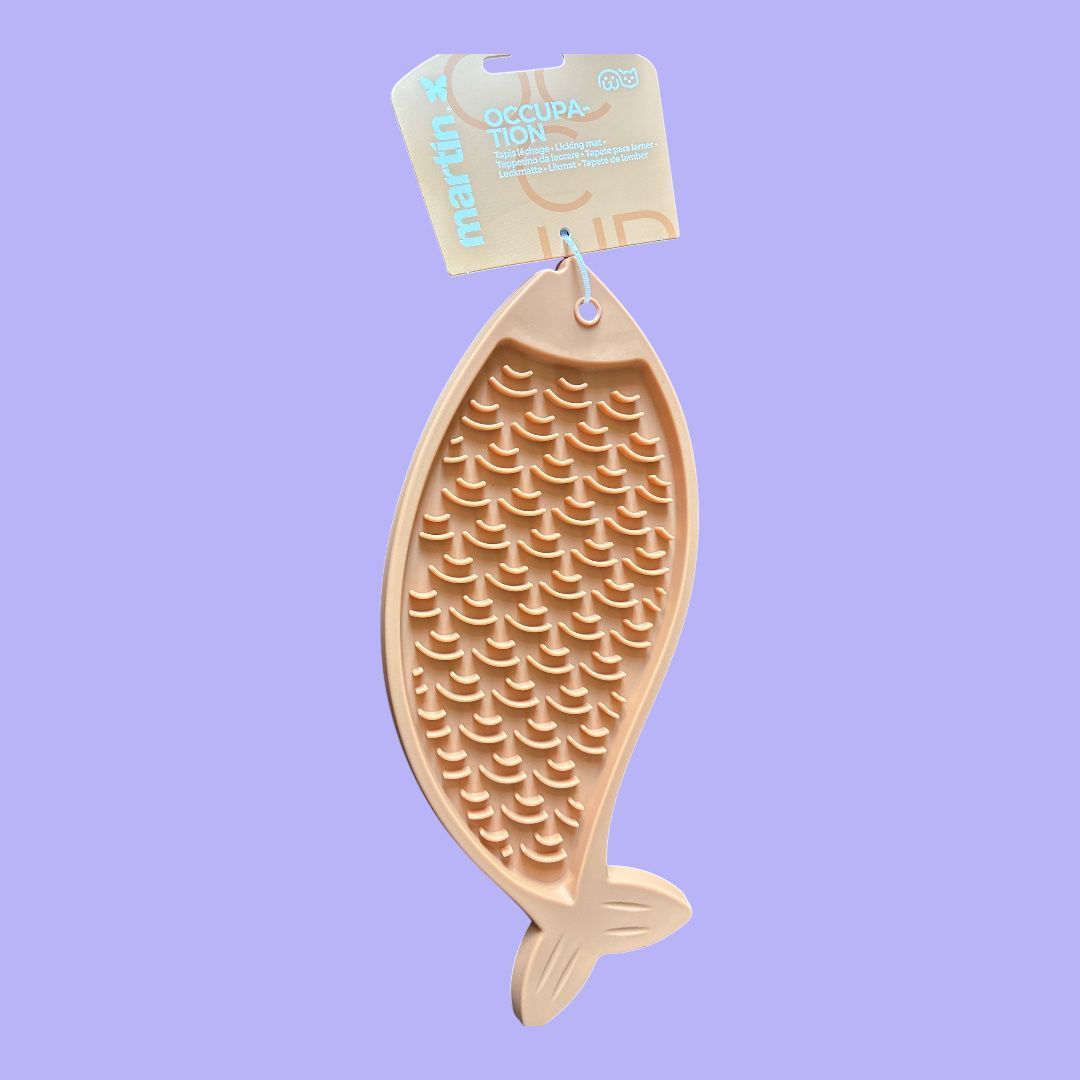 Beige, visvormige hanger met een schubbenpatroon op een lavendelkleurige achtergrond.