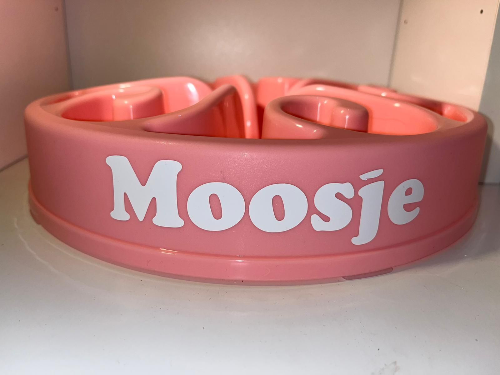 Roze antischrokbak met naam voor honden met 