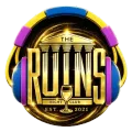 Circular gold logo for The Ruins Night Club, with neon blue, purple, and yellow accents and “Est. 2021” text