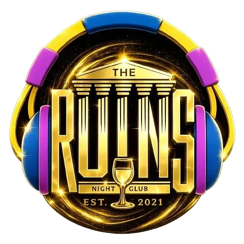 Circular gold logo for The Ruins Night Club, with neon blue, purple, and yellow accents and “Est. 2021” text