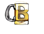Black-and-gold beer mug logo with a large letter B and handle on the left