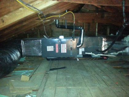 HVAC unit in attic with ductwork and electrical wiring, wooden floor and rafters.