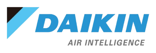 Daikin logo with a blue and black design, blue text, and