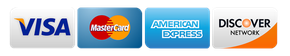 Logos for Visa, Mastercard, American Express, and Discover credit cards.
