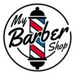 "My Barber Shop" logo with a red, white, and blue barber pole inside a black circle