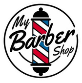 "My Barber Shop" logo with a red, white, and blue barber pole inside a black circle