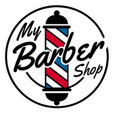 "My Barber Shop" logo with a red, white, and blue barber pole inside a black circle