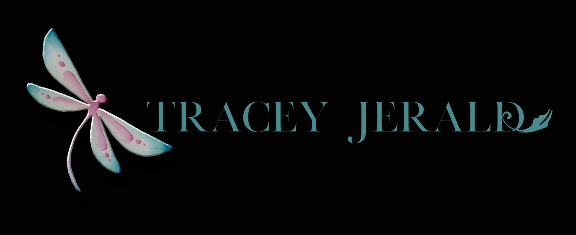 The logo for tracey j. jerald shows a dragonfly on a black background.