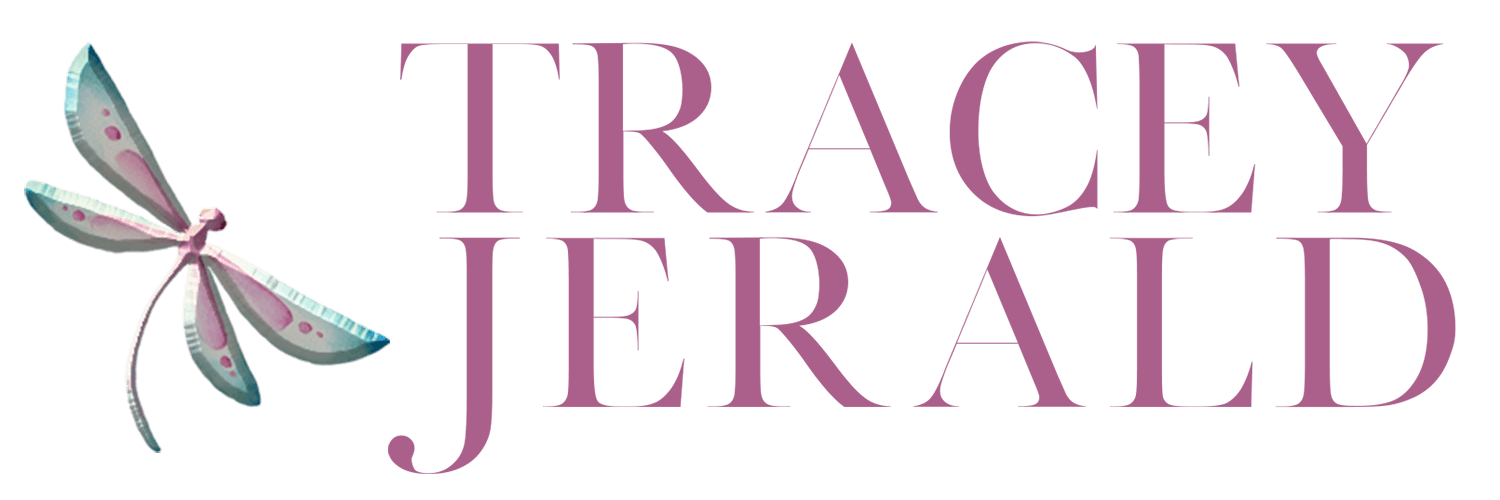 A logo for tracey jerald with a dragonfly on it.