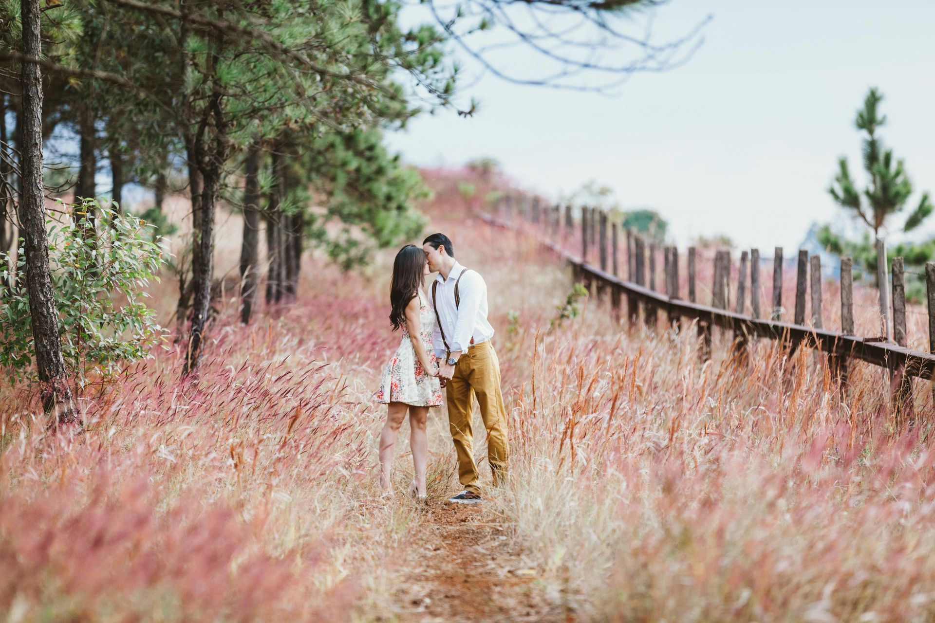 A man and a woman are kissing in a field next to a wooden bridge.
