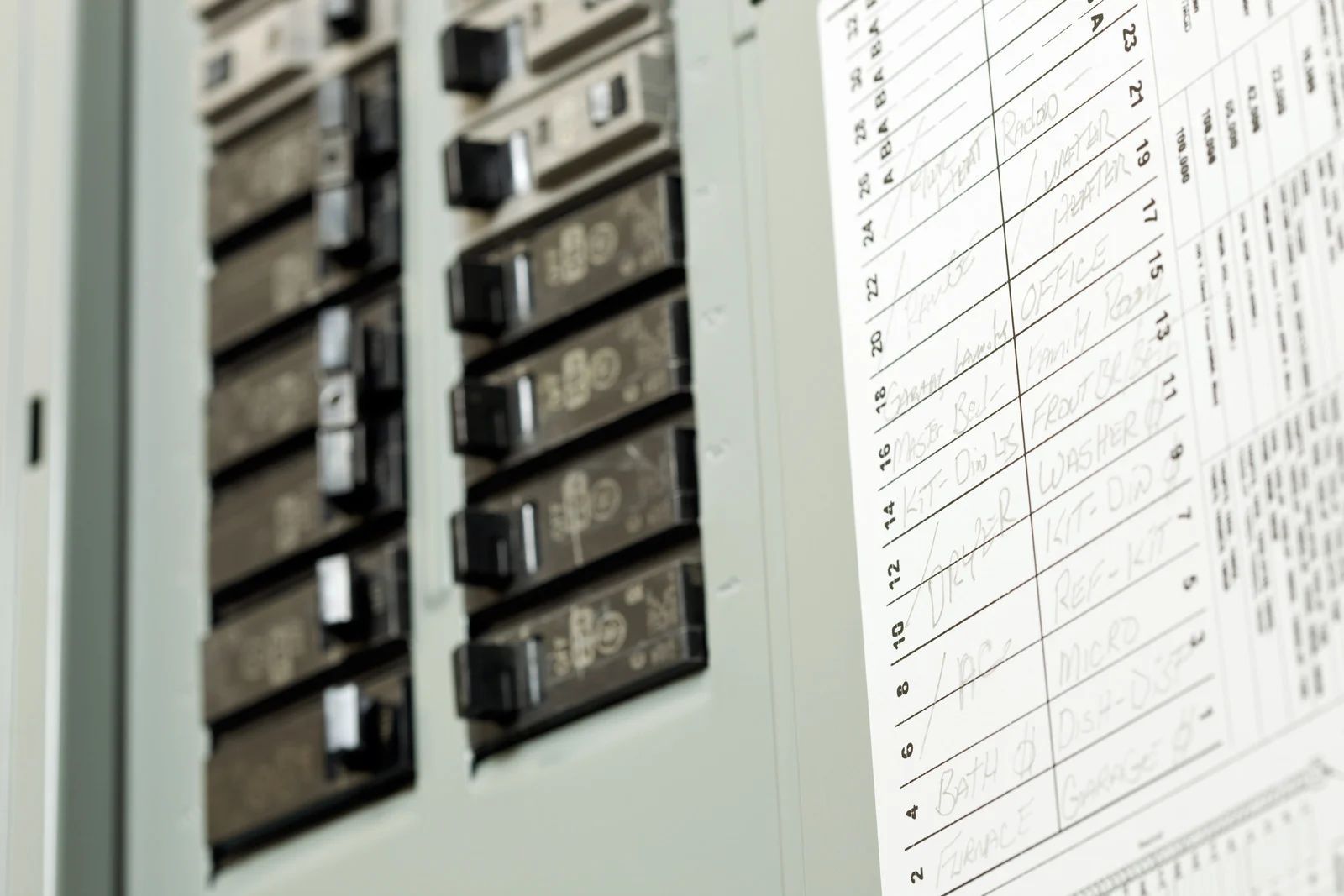 Electrical panel with labeled circuit breakers beside a posted schedule sheet.