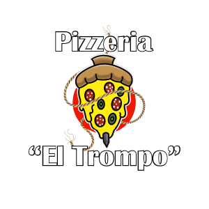 Logotipo de la pizzería con una porción de pizza sonriente y el nombre “El Trompo”.