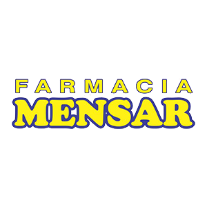 Logotipo de Farmacia Mensar en texto amarillo y azul sobre fondo blanco.