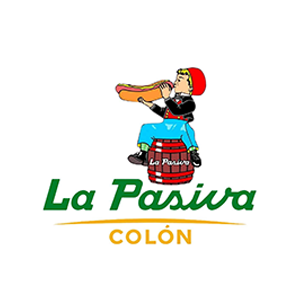 Logotipo de La Pasiva Colón con un camarero de dibujos animados sirviendo un perrito caliente sobre texto verde y amarillo.