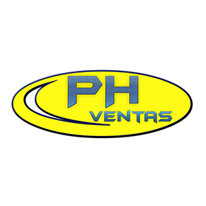 Logotipo de PH Ventas en óvalo azul y amarillo con texto estilizado