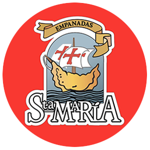 Logotipo circular rojo de Empanadas Santa María con un barco y una pancarta dorada de una empanada.