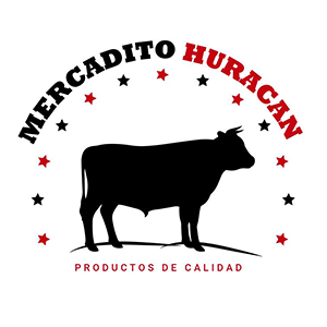 Logotipo de Mercadito Huracán con silueta de vaca negra, estrellas rojas y negras y texto “Productos de Calidad”.