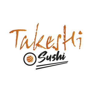 Logotipo de TakeHi Sushi en naranja y negro con un icono de rollo de sushi y subrayado.