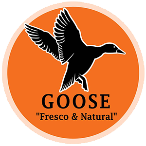 Logotipo naranja con un ganso negro volando y las palabras “GOOSE” y “Fresco & Natural”.