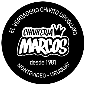 Black circular logo for Chivitería Marcos, with white text: “El verdadero chivito uruguayo,” “desde 1981,” Montevideo.
