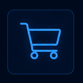 Icono de carrito de compras azul sobre un fondo cuadrado oscuro