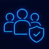 Iconos azules con contorno de tres personas, un escudo y una marca de verificación, que simbolizan el acceso seguro al grupo.