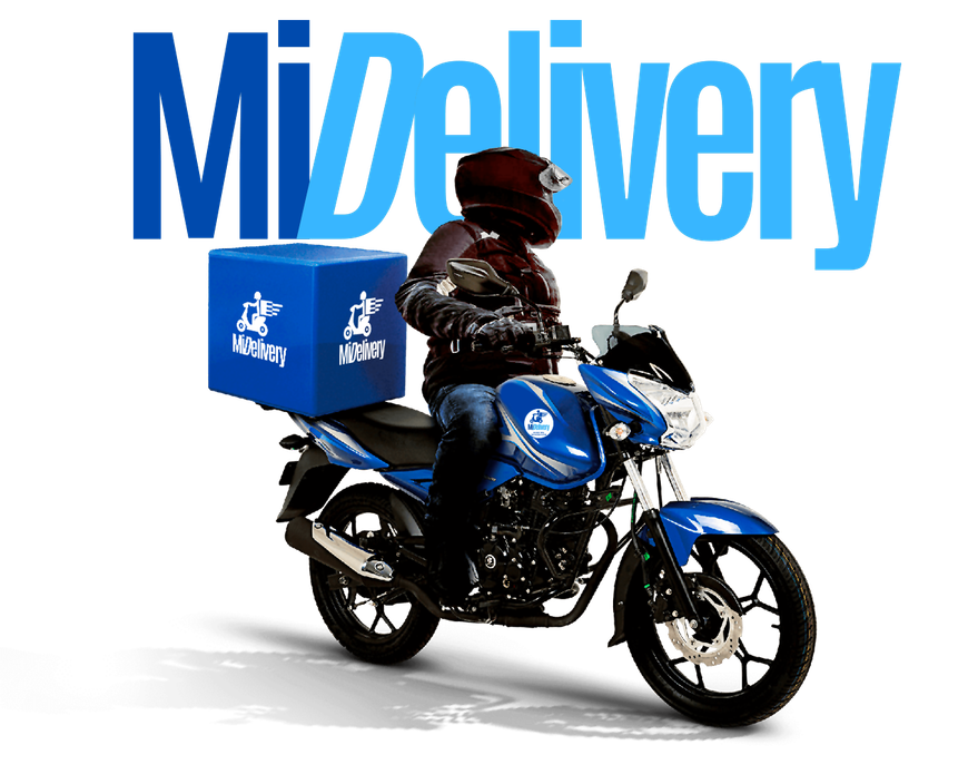 Logotipo de MiDelivery con un motorista en una motocicleta azul que transporta cajas de reparto azules.