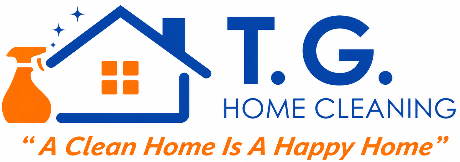 T.G. Home Cleaning logo with blue house, orange spray bottle, and tagline “A Clean Home Is A Happy Home”