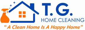 T.G. Home Cleaning logo with blue house, orange spray bottle, and tagline “A Clean Home Is A Happy Home”