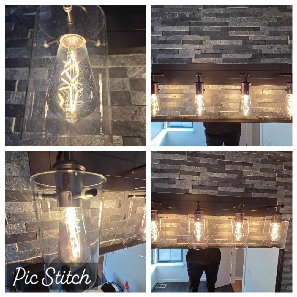 Collage of three warm Edison-style light fixtures with glass shades and black wall mounts against a gray stone backsplash