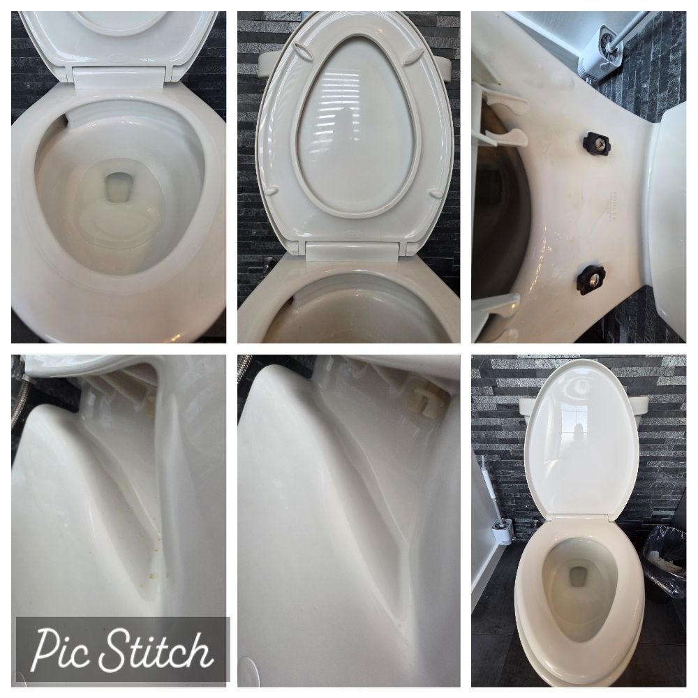 Collage of a white porcelain toilet and sink with severe staining and residue inside the bowl and basin