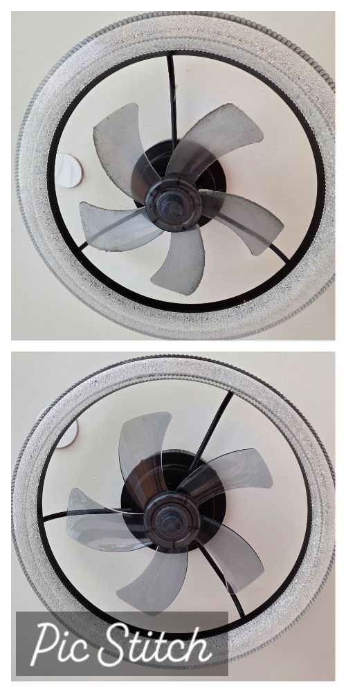 Ceiling fan with translucent blades shown in two side-by-side views