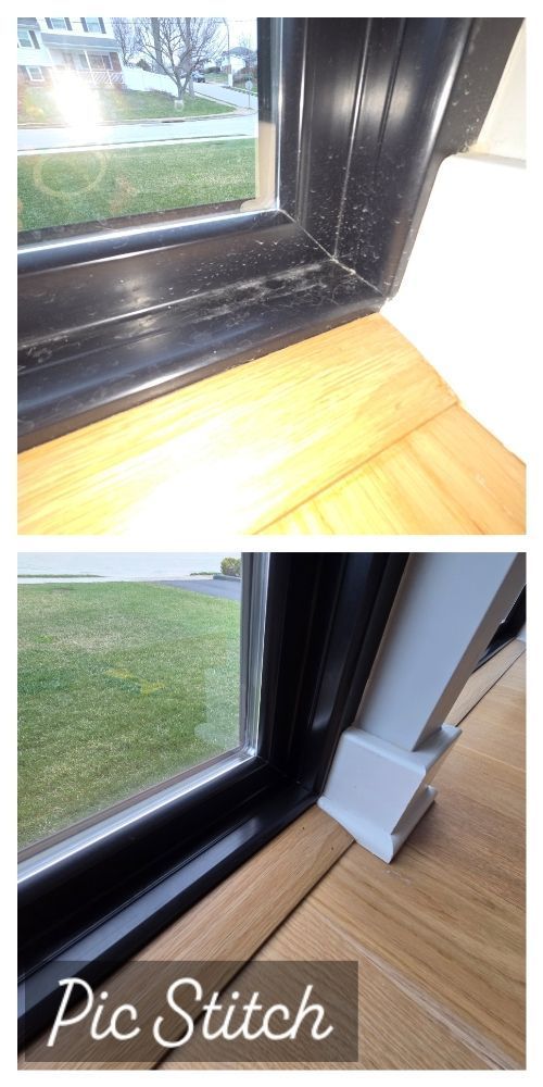 Black window frame with a white foam block at the base beside a wooden floor