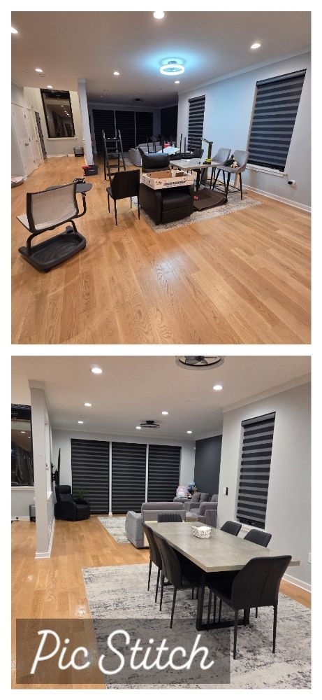 Two views of a bright modern dining room with hardwood floors, gray walls, black chairs, and a table centerpiece